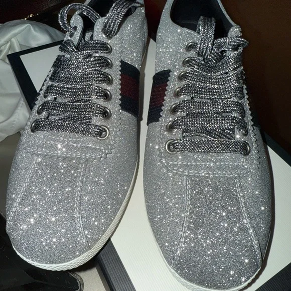 Gucci Silver Glitter Sneakers with Red and Blue Stripes